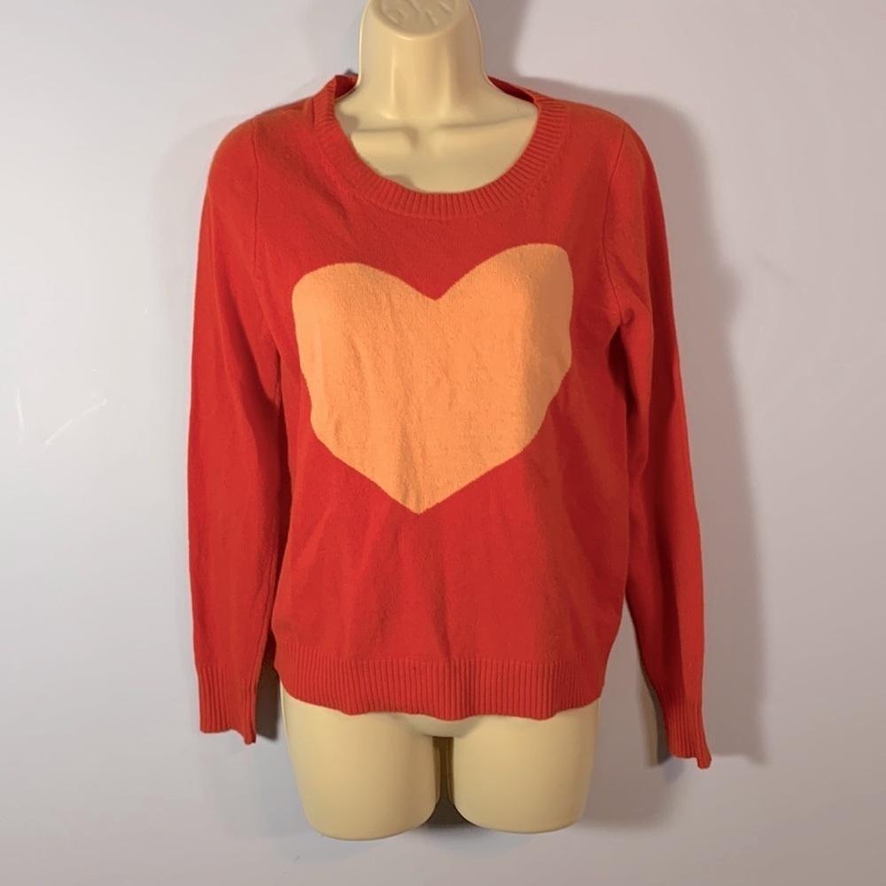 J Crew size small red orange cashmere wool blend pink heart sweater crew neck